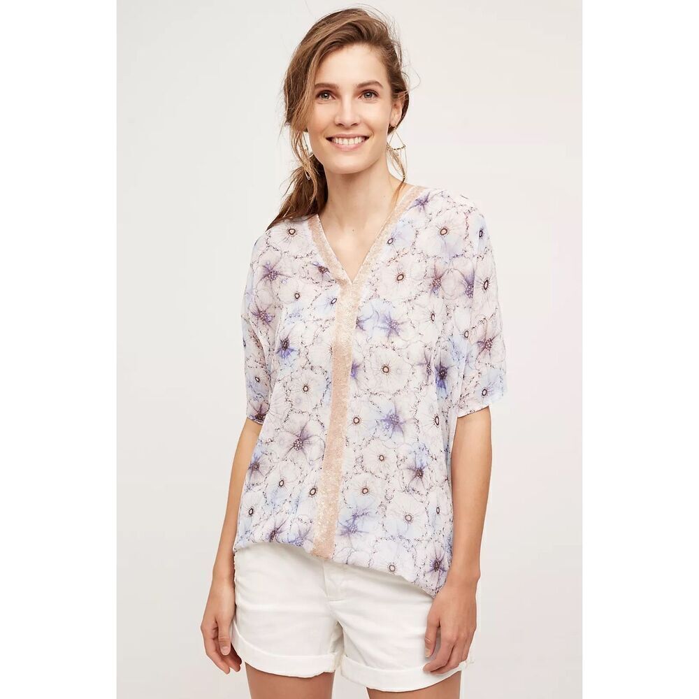 Anthropologie One September Lyla Tunic Sheer Lilac Blue Boho Sequin Kimono XS